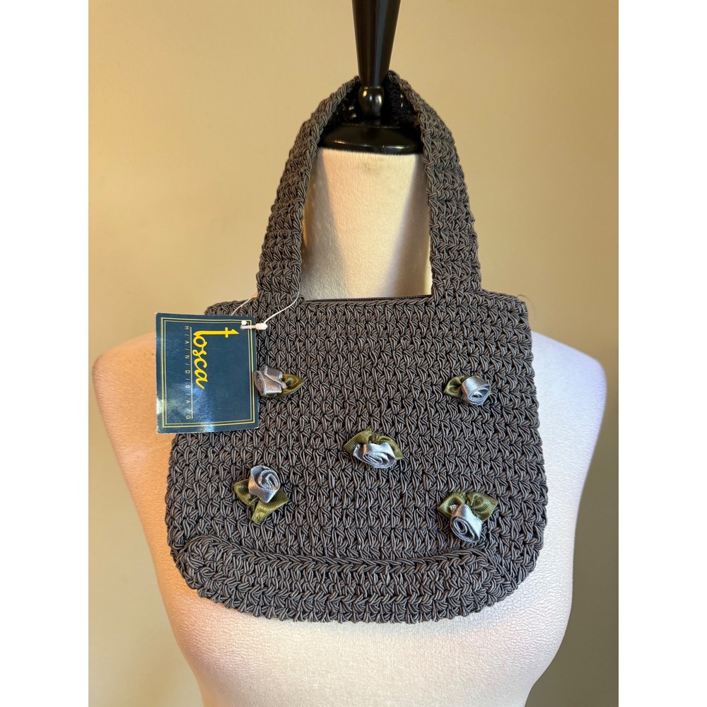 Tosca Handbag Grey blue Crochet Floral Ribbon Rose Mini Tote Zip boho Bag NEW y2
